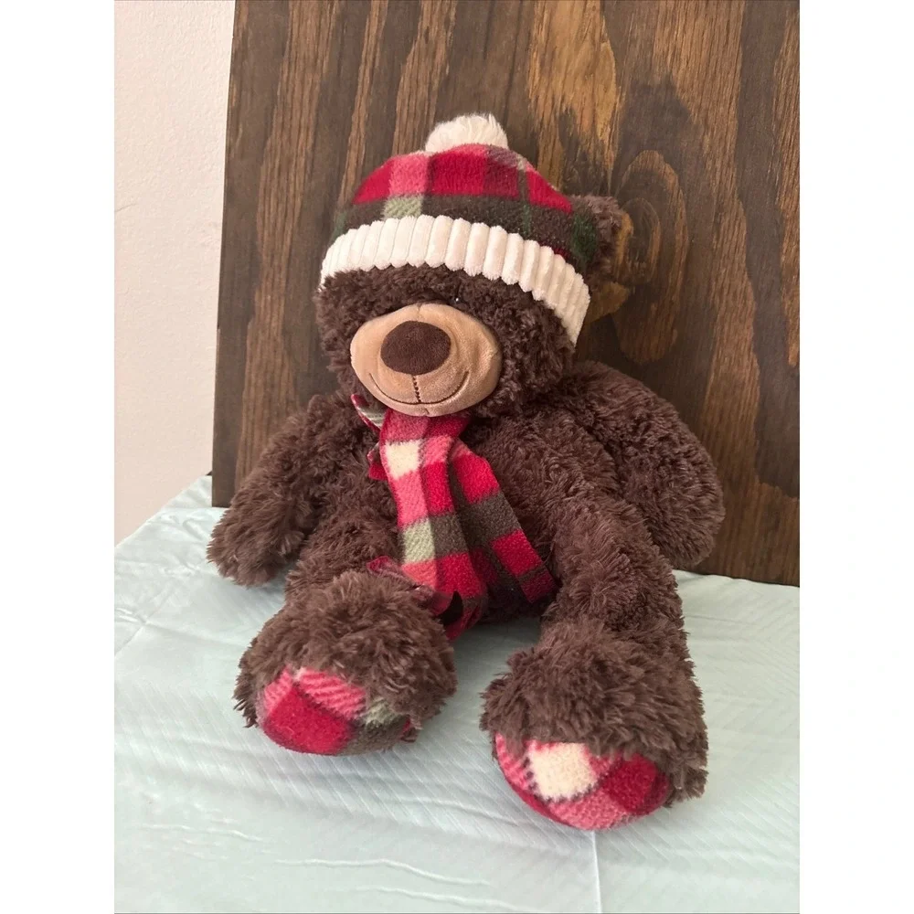 GT Gentle Treasures Stuffed Brown Bear Plush Winter Plaid Scarf and Hat Cozy 18